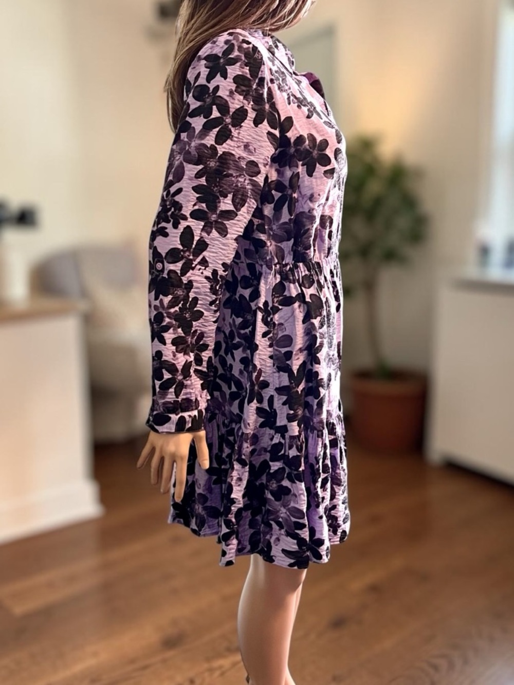 Simply Vera Vera Wang Purple Floral Shirt Dress S Collared Elastic Waist - Picture 5 of 7